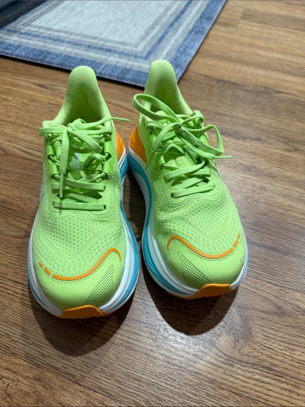 Hoka One One Kids Neon Green Sneakers with Orange & Blue Accents